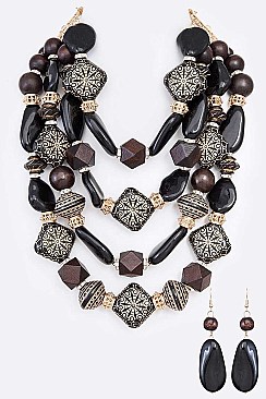 Glam Mix Wooden Beads Statement Necklace Set