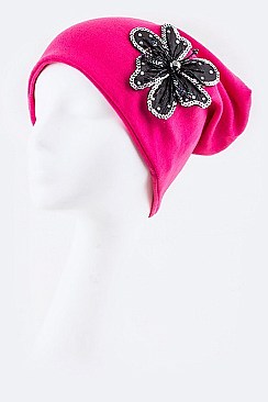 Fashionable Beaded Flower Jersey Convertible Beanie LA-DT2626-MF134