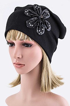 Chic Beaded Flower Jersey Knit Beanie LA-EMH1026BB002