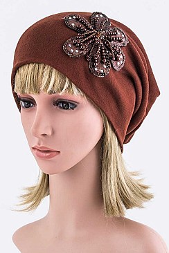 Chic Beaded Flower Jersey Knit Beanie LA-EMH1026BB002