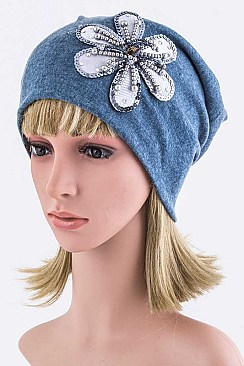 Chic Beaded Flower Jersey Knit Beanie LA-EMH1026BB002