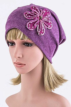 Chic Beaded Flower Jersey Knit Beanie LA-EMH1026BB002