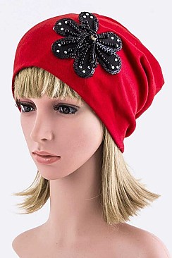 Chic Beaded Flower Jersey Knit Beanie LA-EMH1026BB002