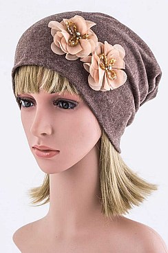 Chic Lace Flower Jersey Knit Beanie LA-EMH1025