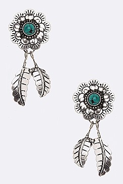 Engraved Turquoise Metal Flower Earrings