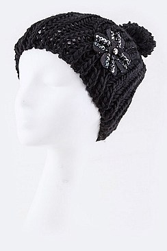 Stylish Crsytal Flower PomPom Fashion Knit Hat LA-HT2984-MF075