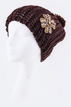 Stylish Crsytal Flower PomPom Fashion Knit Hat LA-HT2984-MF075