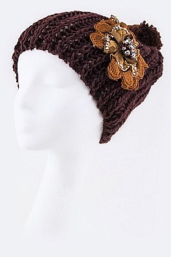 Trendy Statement Lace Flower Fashion Knitted Beanie LA-HT2984MF041