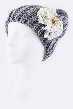 Trendy Statement Lace Flower Fashion Knitted Beanie LA-HT2984MF041