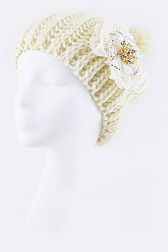 Trendy Statement Lace Flower Fashion Knitted Beanie LA-HT2984MF041