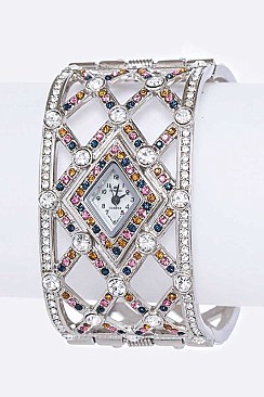 Geometric Design Crystal Embellished Bangle Women Watch LABG433L38