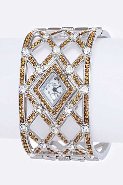 Geometric Design Crystal Embellished Bangle Women Watch LABG433L38