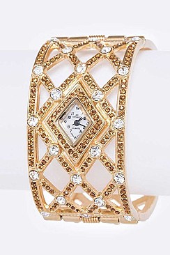 Geometric Design Crystal Embellished Bangle Women Watch LABG433L38