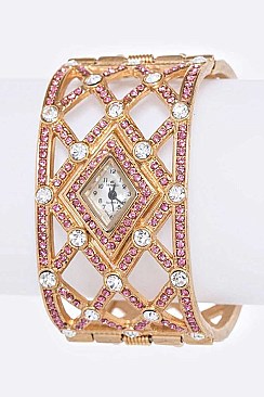 Geometric Design Crystal Embellished Bangle Women Watch LABG433L38