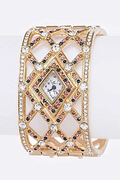 Geometric Design Crystal Embellished Bangle Women Watch LABG433L38