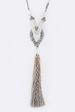 TASSEL & CRYSTAL HOOPS NECKLACE SET