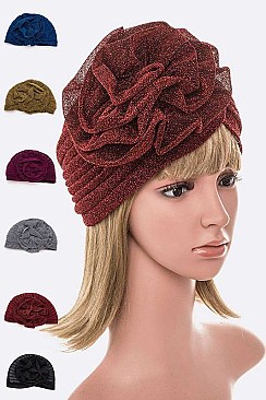 PACK OF 12 METALLIC LUREX FLOWER TURBAN HAT SET