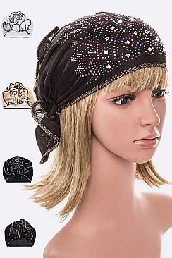 PACK OF 12 CONVERTIBLE STONE EMBELLISHED FLOWER TURBAN SET