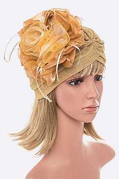 PACK OF 12 METALLIC ORGANZA FLOWER TURBAN HAT SET