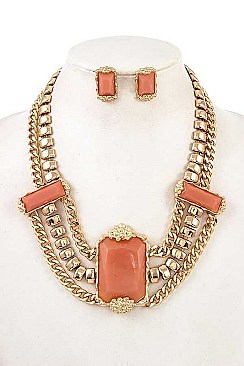 LINKED CHAIN WITH TRIPLE STONE BIB NECKLACE SET