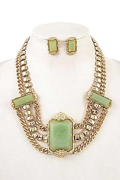 LINKED CHAIN WITH TRIPLE STONE BIB NECKLACE SET