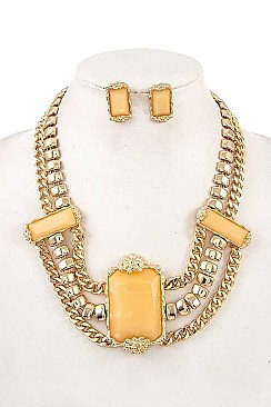 LINKED CHAIN WITH TRIPLE STONE BIB NECKLACE SET