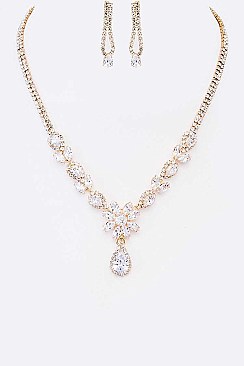 Classy CZ Flower Drop Bridal Necklace Set