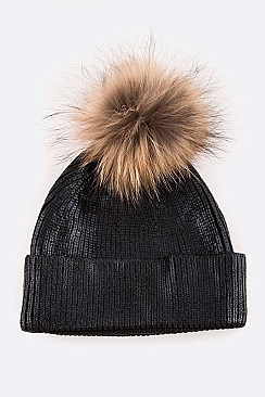 Metallic Coated Beanie With Raccoon Fur Pompom LA-EXP1008