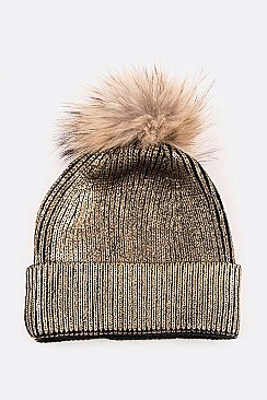 Metallic Coated Beanie With Raccoon Fur Pompom LA-EXP1008