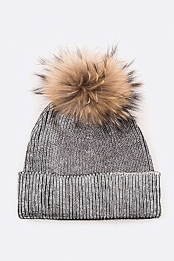 Metallic Coated Beanie With Raccoon Fur Pompom LA-EXP1008