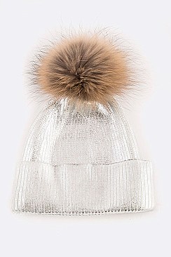 Metallic Coated Beanie With Raccoon Fur Pompom LA-EXP1008