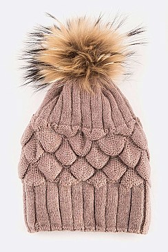 Pineapple Knit Beanie With Raccoon Fur Pompom LA-EXP1007
