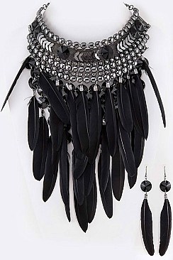 Posh Feather Heavy Chain Iconic Bib Choker Necklace Set LA-CN2035