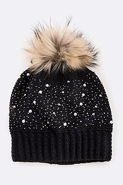 Chick Angora Beanie Raccoon Fur Pompom Pearl & Beads Accent LA-EXP1005