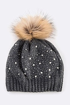 Chick Angora Beanie Raccoon Fur Pompom Pearl & Beads Accent LA-EXP1005