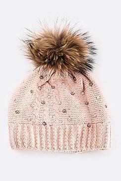 Chick Angora Beanie Raccoon Fur Pompom Pearl & Beads Accent LA-EXP1005