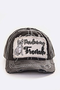 Pardon My French Embroidered Distress Cotton Cap LA-T13DOG02