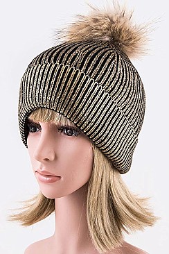 Metallic Coated Beanie With Raccoon Fur Pompom LA-EXP1008