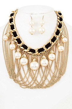 FAUX PEARL DRAPED CHAIN STATEMENT NECKLACE SET