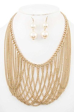 FAUX PEARL DRAPED CHAIN STATEMENT NECKLACE SET