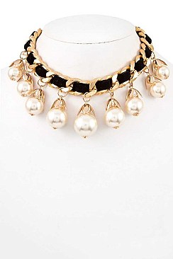 FAUX PEARL DRAPED CHAIN STATEMENT NECKLACE SET