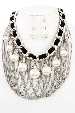 FAUX PEARL DRAPED CHAIN STATEMENT NECKLACE SET