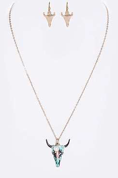 ARTSY Steer Skull Pendant Necklace WITH EARRINGS Set LA-SS0676