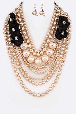 FLOWER ACCENT MIX PEARLS STATEMENT NECKLACE SET