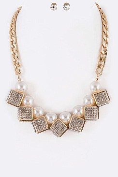 Posh Crystal Cube and Pearls Statement Necklace Set LA-KS7141