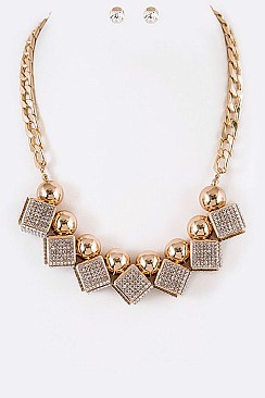 Posh Crystal Cube and Pearls Statement Necklace Set LA-KS7141