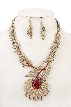 STONE ETCHED LEAF FRAMED BIB NECKLACE SET