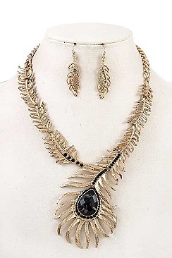 STONE ETCHED LEAF FRAMED BIB NECKLACE SET