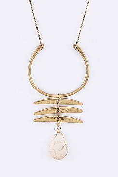 Fabulous Stone Teardrop Hammered Metal Pendant Necklace LA-SS0962