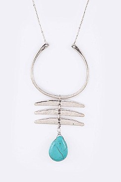 Fabulous Stone Teardrop Hammered Metal Pendant Necklace LA-SS0962